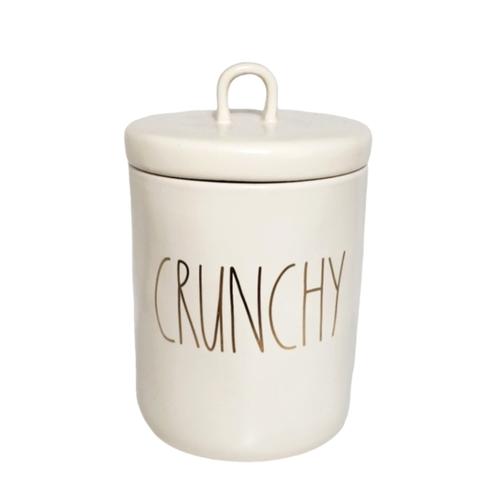 Rae Dunn Artisan Collection Cannister with Loop Lid Crunchy In Gold Letters